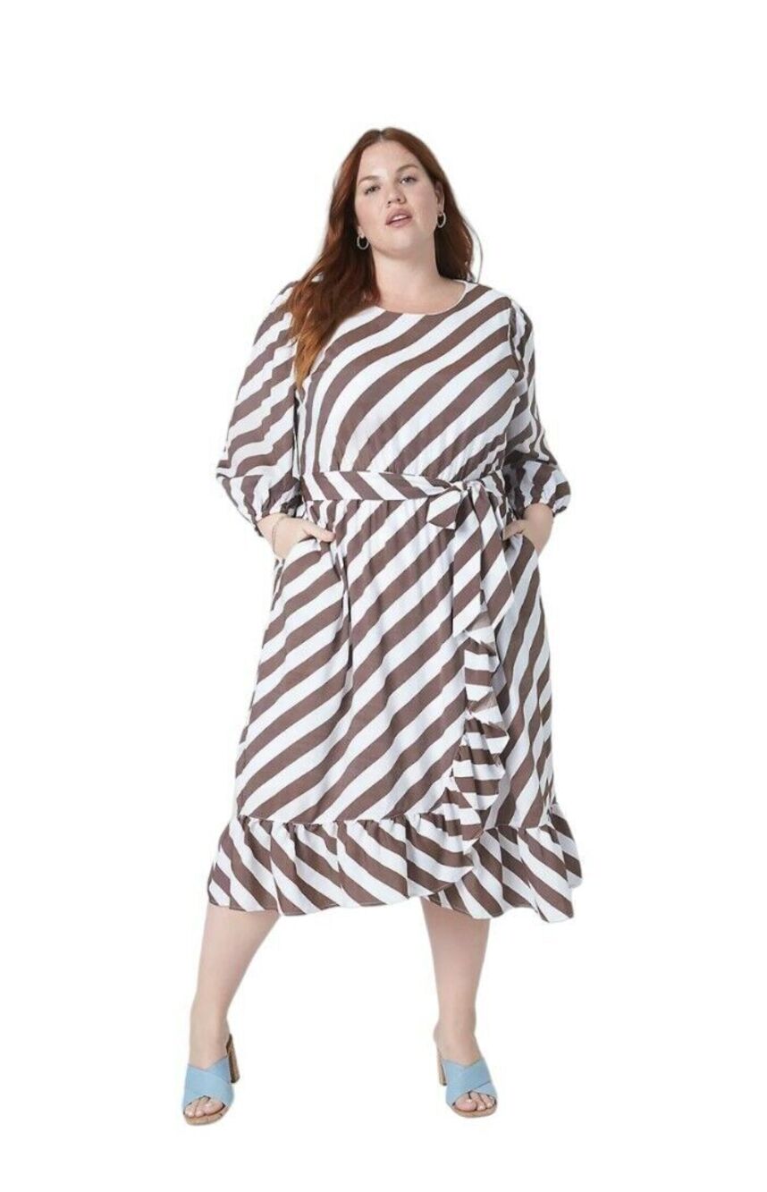 Lane Bryant Cottage Ruffle Hem Midi Dress Womens 24 Blouson Sleeve Striped NWT